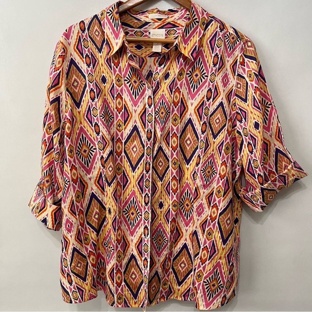 Chico’s 100% Linen Button Down Shirt Quarter Length Sleeve